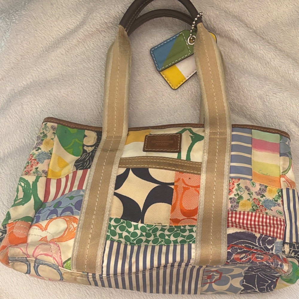 Coach Patchwork Multicolor Canvas Tote with Tan Straps
